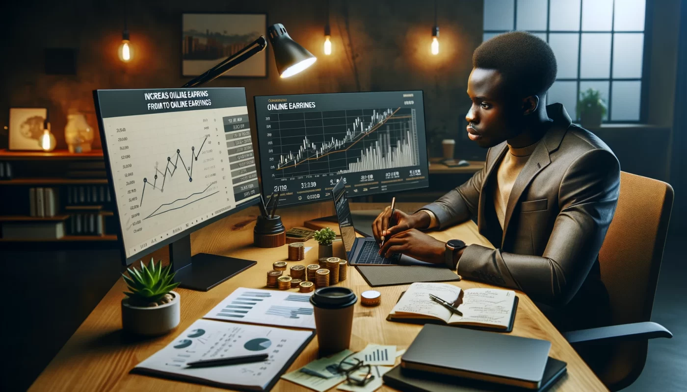 Jeune homme africain étudiant des graphiques financiers sur un double écran dans un espace de travail moderne, planifiant l'augmentation de ses revenus en ligne