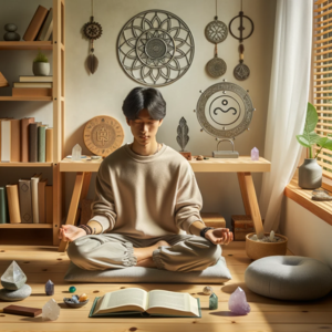 LaHoChi non genré.e, d'origine est-asiatique, méditant dans un espace calme avec des cristaux et des symboles de guérison.