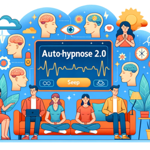 Formation Autohypnose en ligne. Bannière Autohypnose  montrant une personne sereine pratiquant l'autohypnose, avec des éléments visuels représentant l'équilibre mental et la maîtrise émotionnelle