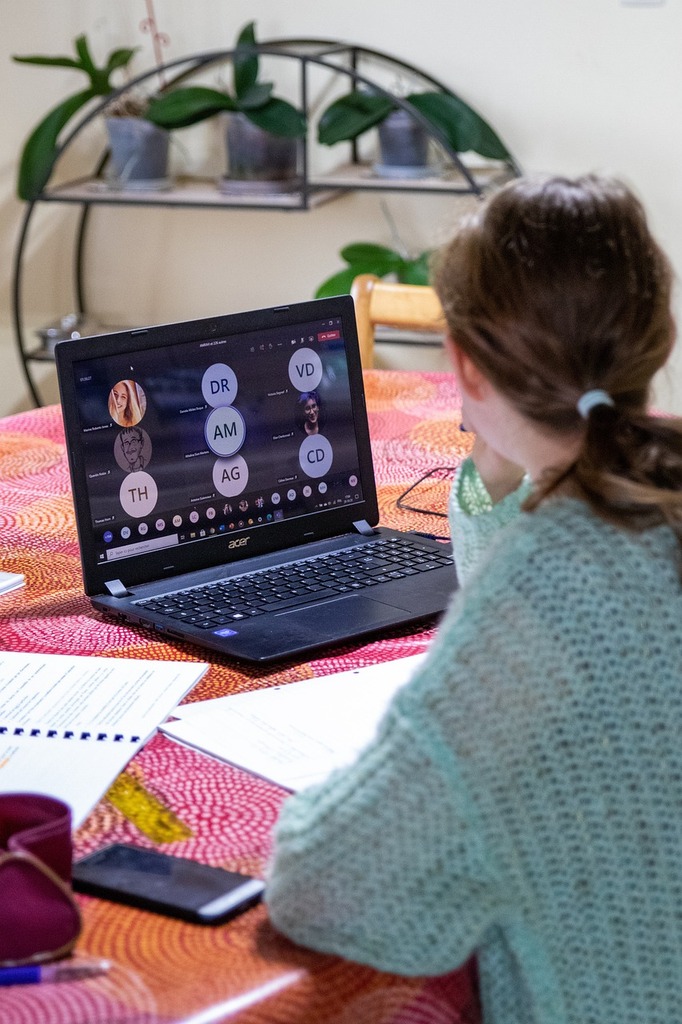 Jeune femme suivant un cours en ligne depuis son domicile, regardant son écran d'ordinateur affichant une réunion virtuelle avec plusieurs participants