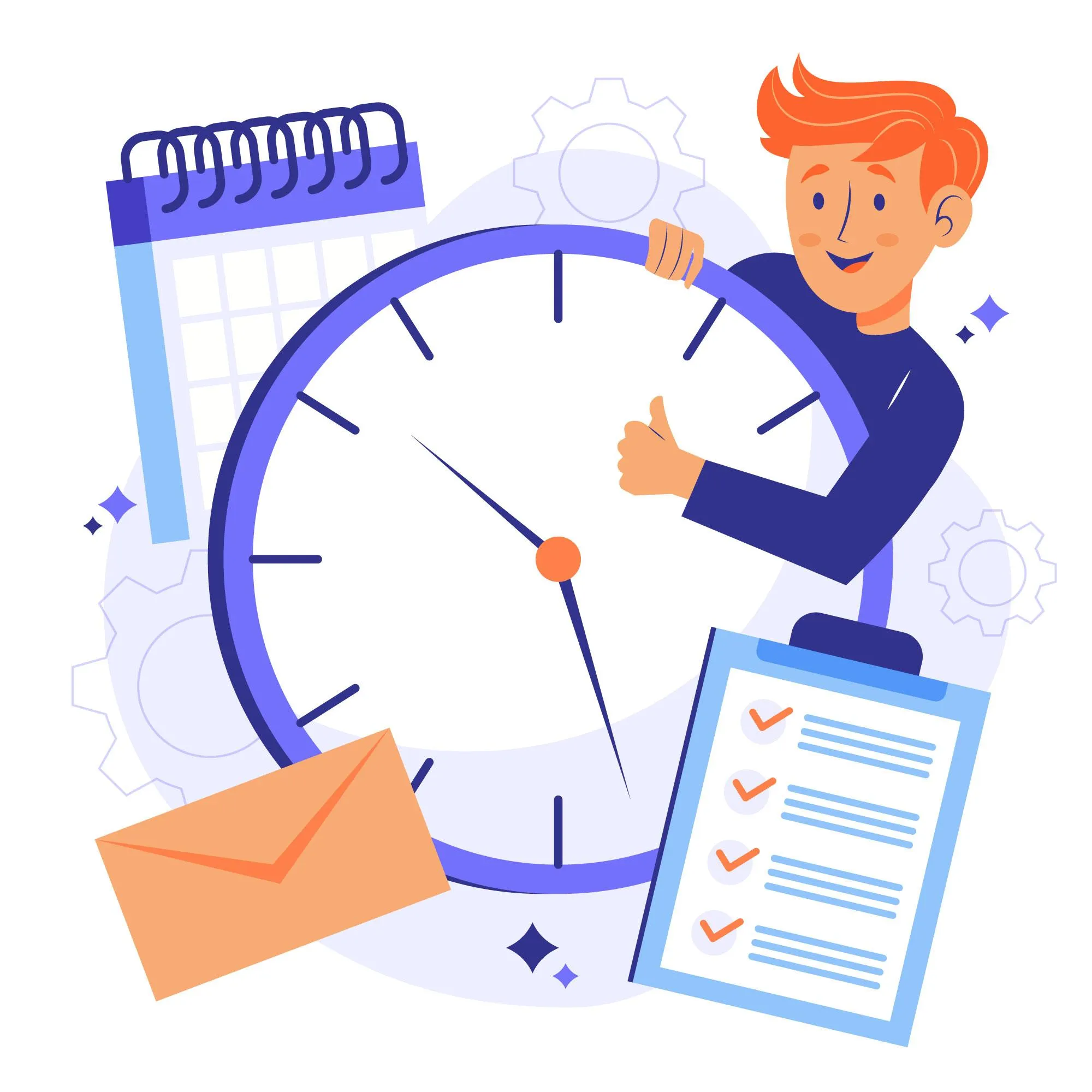 Professionnel optimiste tenant une grande horloge symbolisant une gestion efficace du temps, avec une liste de tâches cochées et des éléments de productivité comme une enveloppe et un calendrier, pour illustrer des stratégies sur comment gagner du temps et augmenter la productivité.