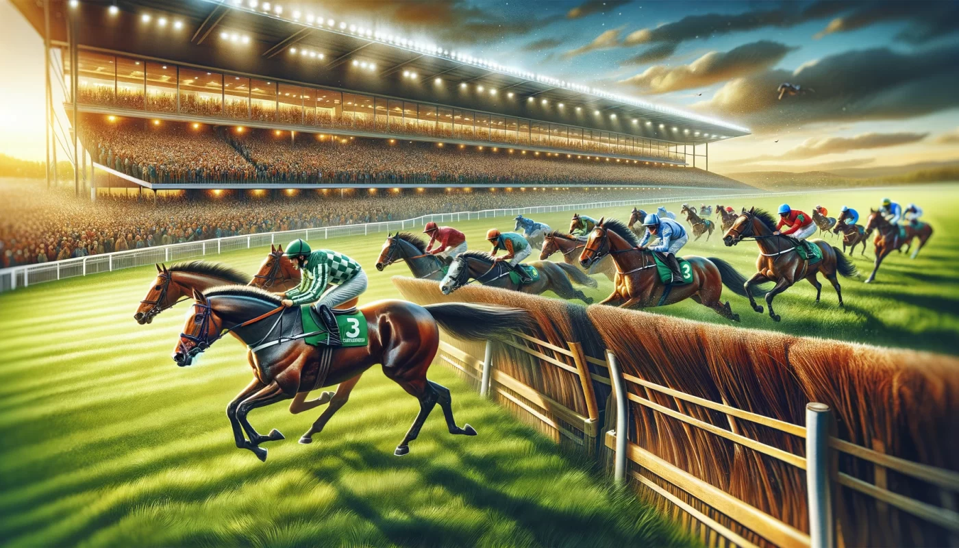 Vue panoramique d'un hippodrome avec chevaux et jockeys en pleine course, captant l'intensité et l'excitation des courses