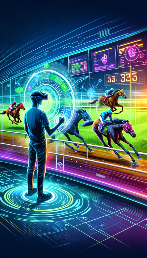 Une personne utilisant un casque de réalité virtuelle pour vivre une simulation de course de chevaux, entourée de graphiques numériques dynamiques et de données en surimpression.