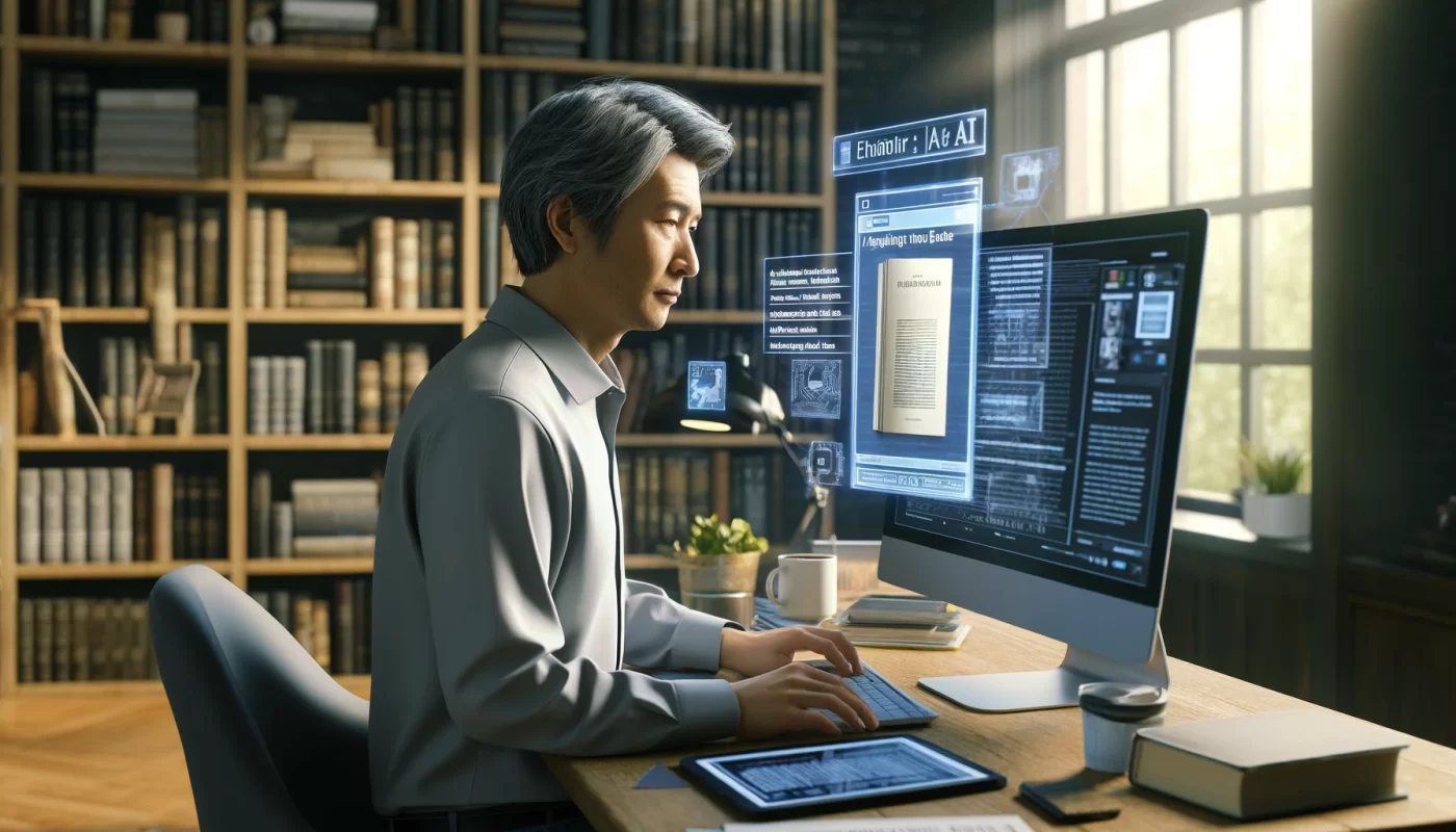 Homme asiatique d'âge moyen concentré sur l'écran de son ordinateur affichant la mise en page d'un eBook, dans un bureau à domicile érudit