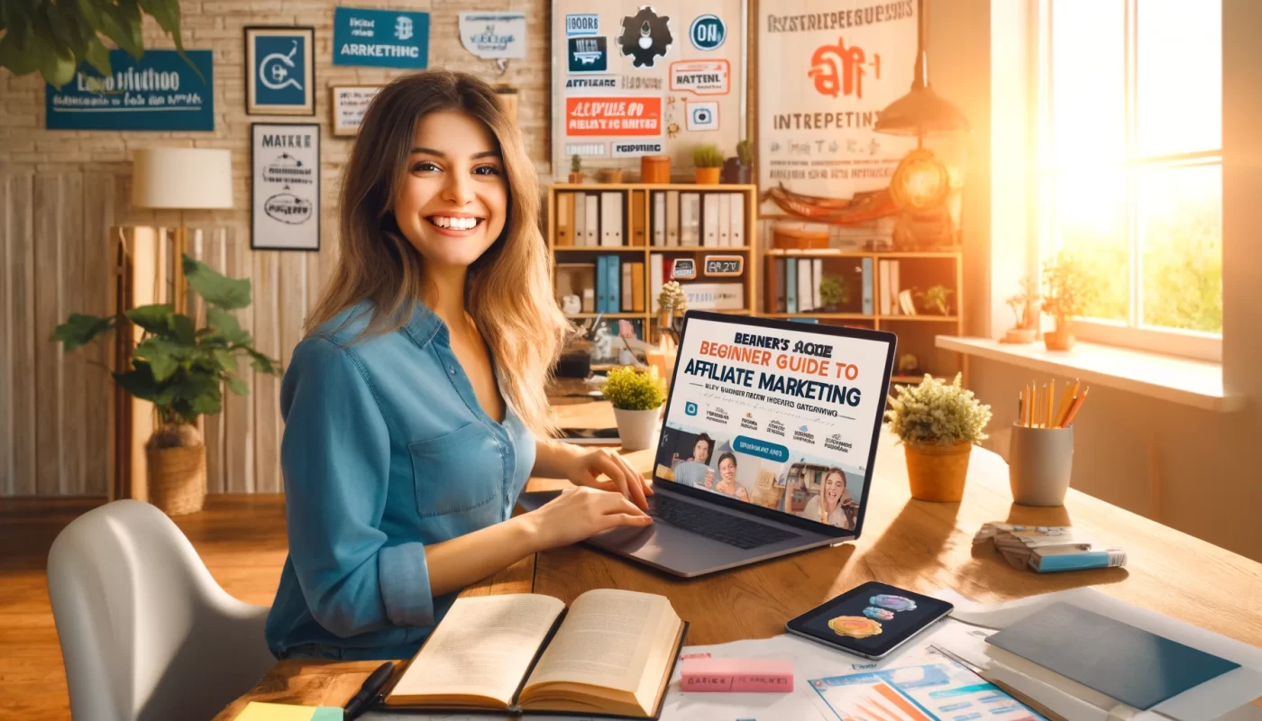 Jeune femme épanouie travaillant dans son bureau à domicile, consulte un guide de marketing pour gagner sur internet avec son ordinateur portable