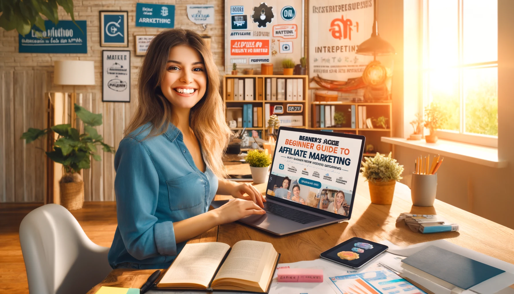 Jeune femme épanouie travaillant dans son bureau à domicile, consulte un guide de marketing pour gagner sur internet avec son ordinateur portable