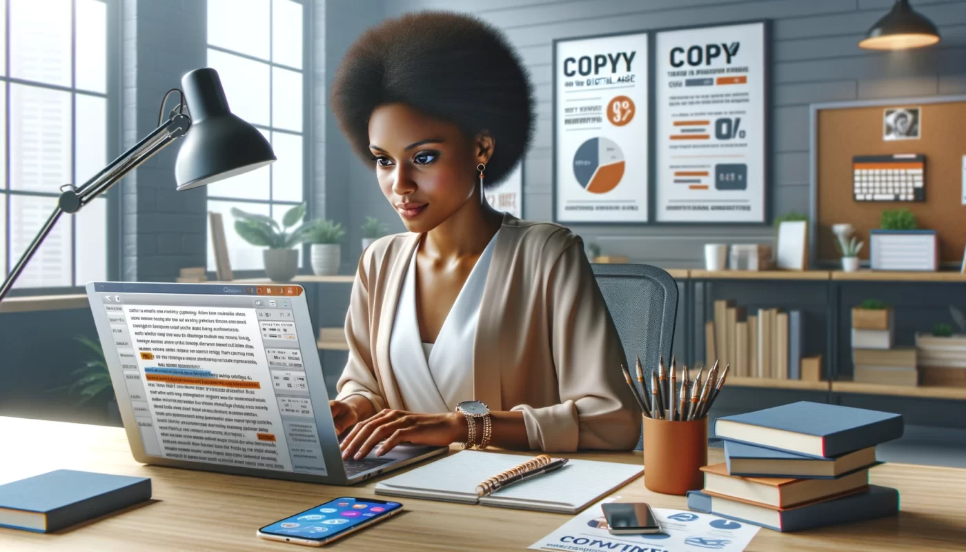 Jeune femme afro-américaine concentrée rédigeant du contenu marketing sur son ordinateur dans un bureau moderne