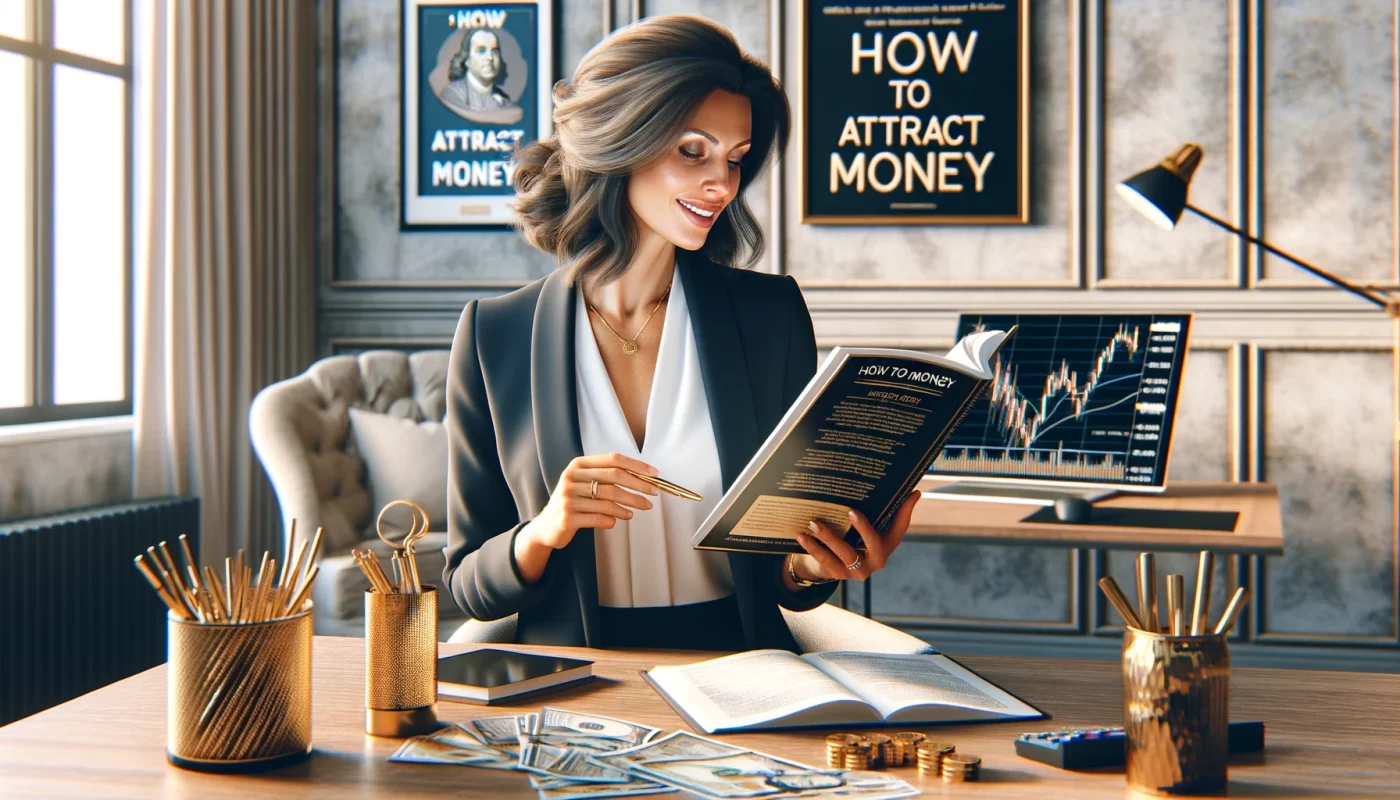 Femme d'âge moyen lisant avec passion un guide financier dans un bureau à domicile sophistiqué, décoré avec des objets de luxe