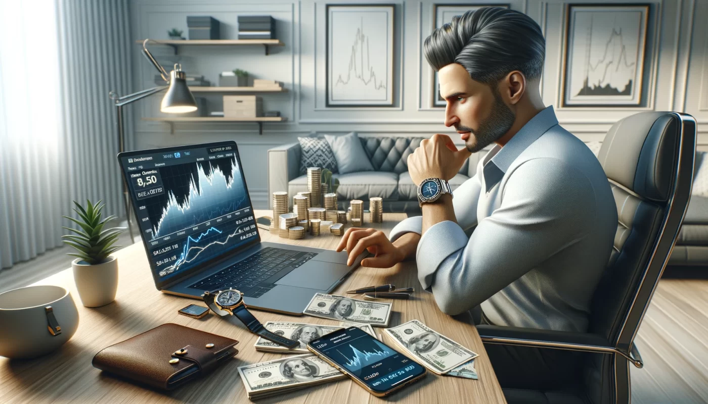 Homme d'âge moyen dans un bureau moderne examinant des graphiques de profits sur son ordinateur, entouré d'objets de luxe