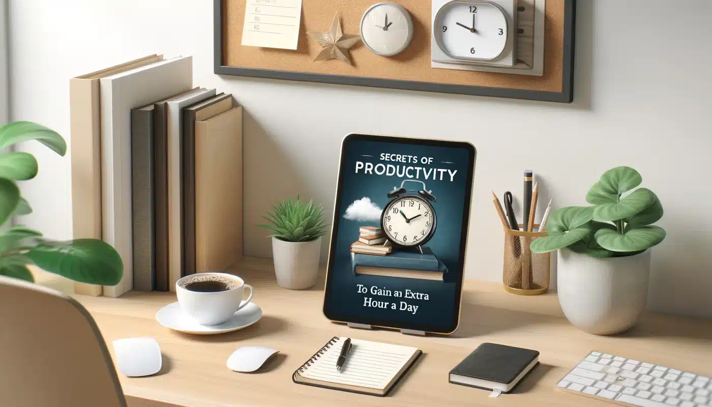 Espace de bureau organisé avec tablette affichant la couverture de l'ebook 'Secrets de Productivité', entourée d'éléments favorisant l'efficacité